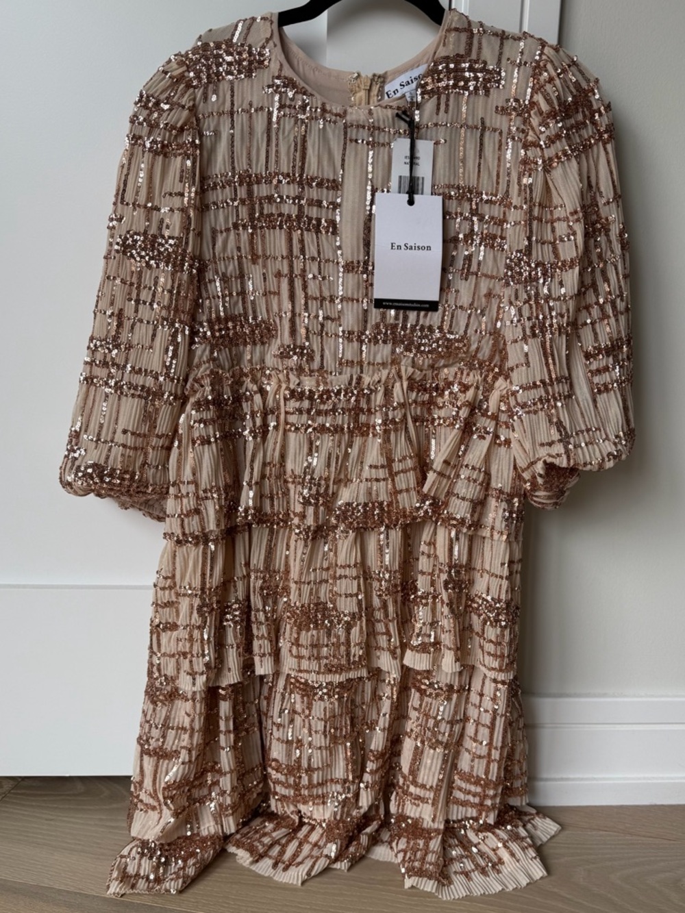 En Saison Beige Sequin Tiered Mini Dress